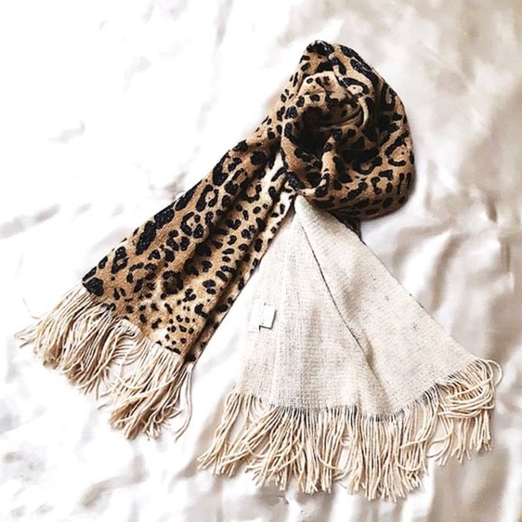 COLLECTION 18 Acrylic Long Scarf Animal Print Beige Black Brown Shimmery Fringe - Picture 5 of 11